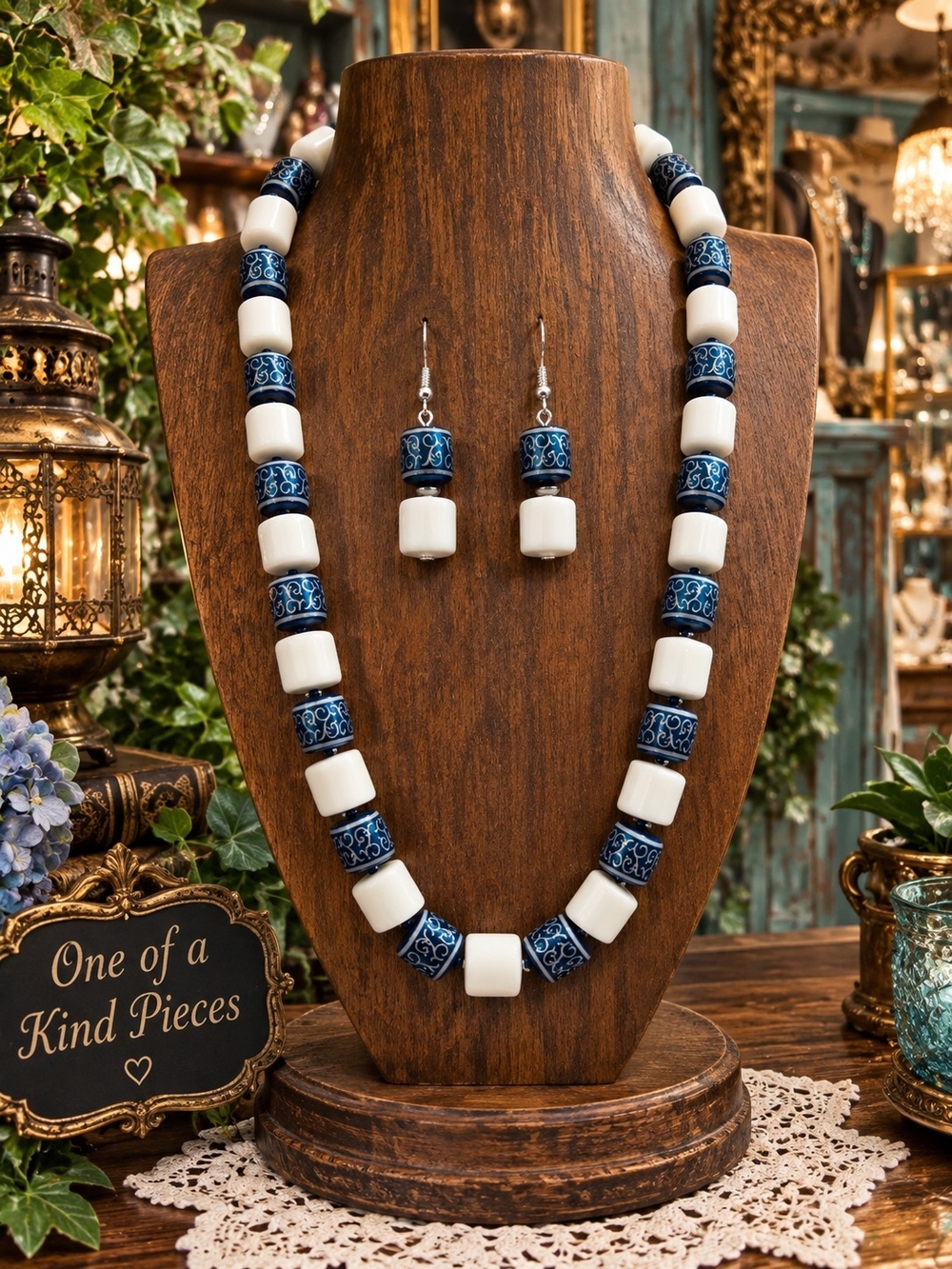 White & Navy Hand Knotted Necklace and Earring Set
